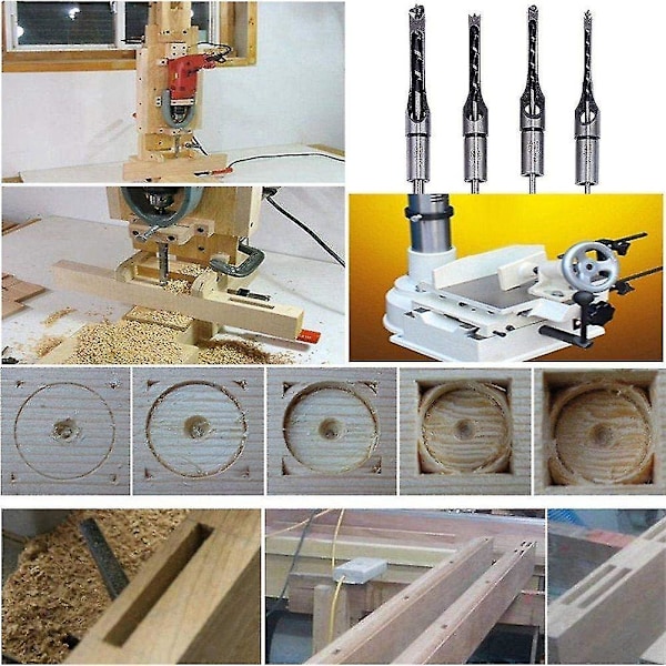 4PCS Høyhastighetsstål Trebearbeiding Firkant Hull Mortise Borsett Meisel Bor Bits Justerbar Mortising Meisel Trebearbeiding Verktøy Gave til Snekker