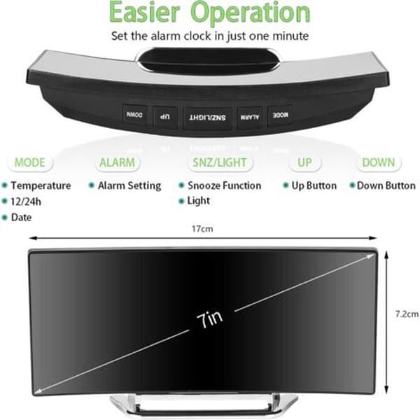 7\" LED Mirror Lamp Alarm Clock – USB Powered – 2 Brightness Levels – Temperature and Date Display – Snooze Mode