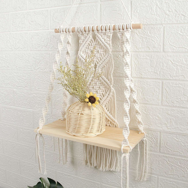Boho Macrame Seinähylly Käsintehty Kudottu Tupsu Gobeliniteline Puinen Kelluva Säilytysteline H Fo (haoyi)