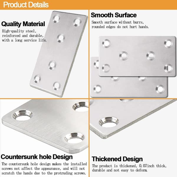 20 flade samleplader 80x40mm, lige reparationsplader, flade pladestøtter, forbindelsesplader, rustfrit stål (sølv)