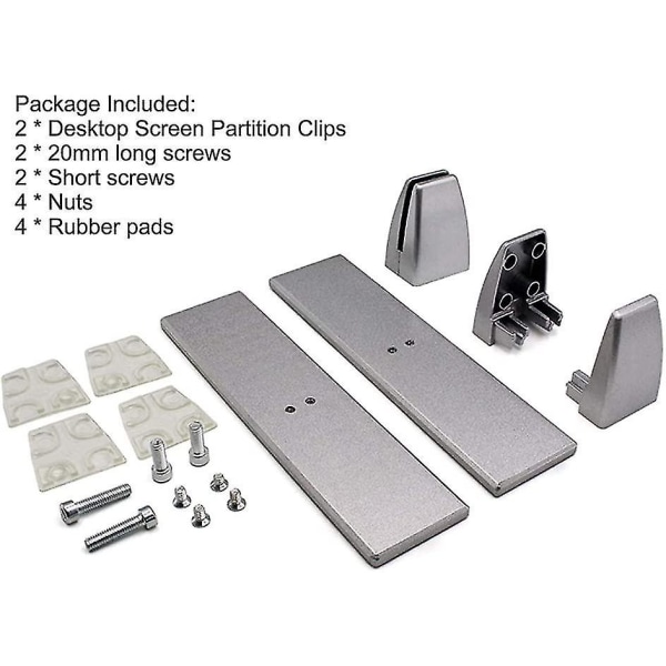 2-pack skrivbordsavdelarklämmor med monteringsskruvar, aluminiumlegering sekretess skrivbordsskärm för kontorsvägg (silver) Hy