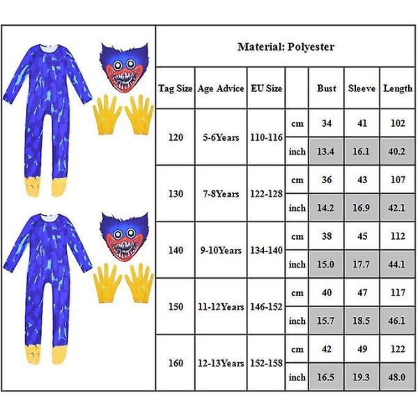 5-13 år Poppy Playtime Huggy Wuggy Barn Cosplay Festdrakt Jumpsuit Med Maske Hansker 12-13 Years