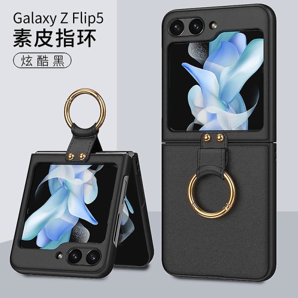 Pu- case kompatibelt Samsung Galaxy Z Flip 5 med externt skärmskydd och ringhållare helkroppsskydd Black
