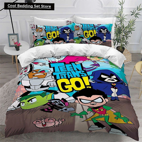 v907 Sengetøj Teen Titans Go Sengesæt Enkelt Dobbelt Fuld Queen King Size Anime Sengesæt Voksen Børn Soveværelse Dynebetræk Sæt 3-delt Sengesæt (1 D 135x200cm 53x78in