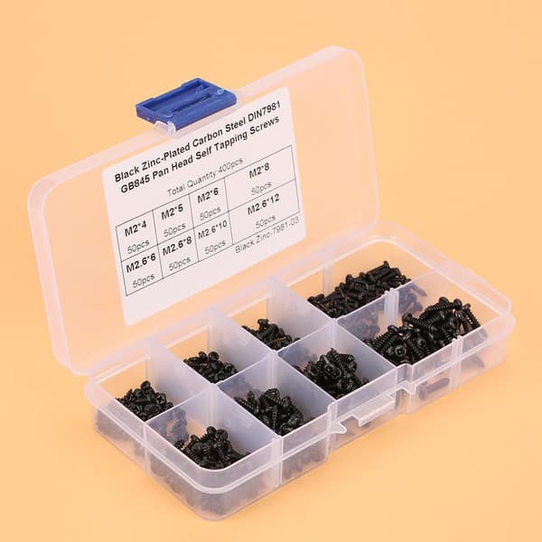 400 pcs Black M2/M2.6 Cross Pan Head Self-Tapping Screws Set Assortment Kit 0.2