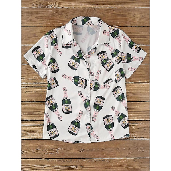 Champagne Flaskor Knapp Pyjamas Set Dam Tryckt Kortärmad 2-Delad Mjuk Ledig Sovplagg TA L