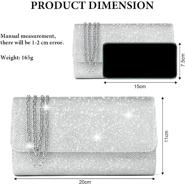 Glitter Konvolutt Clutch Bag Med Avtakbar Kjede Rem, Elegant Paljetter Clutch for Bryllup Brud Prom Cocktail Fest Dame Aftenveske for Kvinner