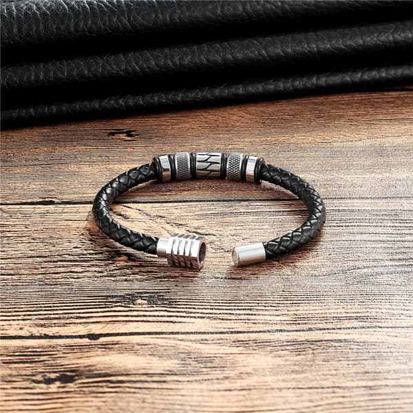 Sort læderarmbånd og perler i rustfrit stål-FA-