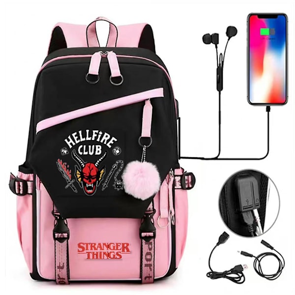 Stranger Things Skolesekk Stor Kapasitet Reiser Ryggsekk Usb Lader Bag C