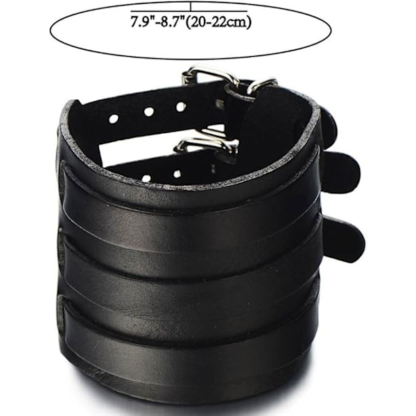 Sort bredt læderarmbånd, herre armbånd, sort ægte læder, med tre spænder