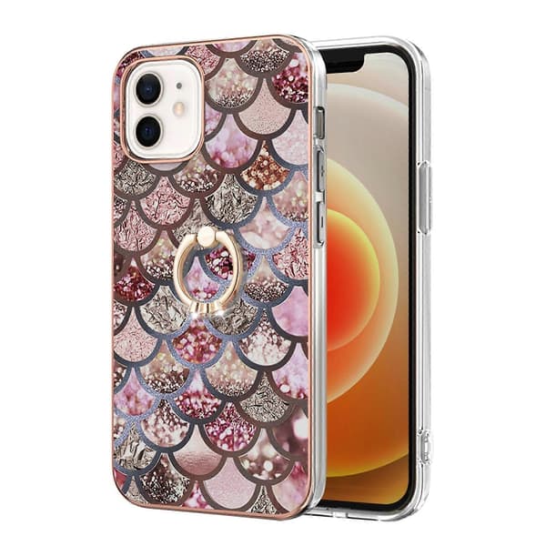 For iPhone 12 mini Galvaniseringsmønster IMD TPU Støtsikkert deksel med Rhinestone Ringholder Pink Scales