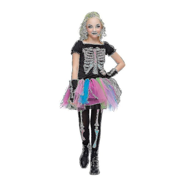 Flickskelett Tutu Klänning Funky Punky Bones Cosplay Halloween Kostym för Barn Dag Av De Döda Gotisk Skalle Maskeradklänning L