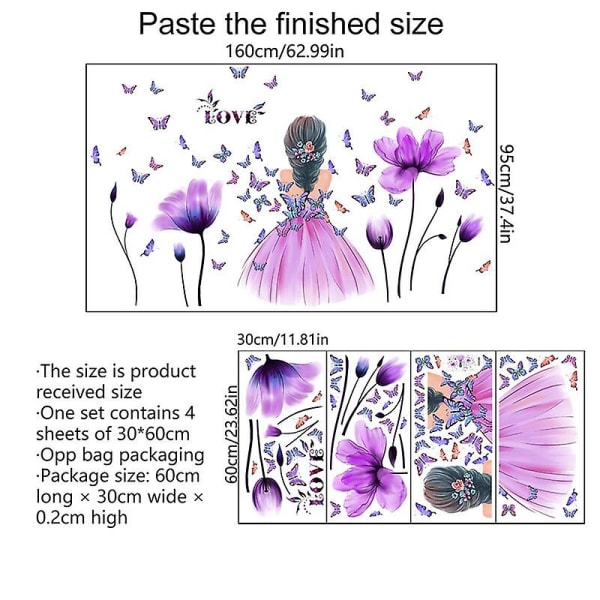 Tulpan Blommväggdekaler, Färgglad Fjäril Vacker Flicka Väggklistermärke För Barnkammare Sovrum Vardagsrum Purple