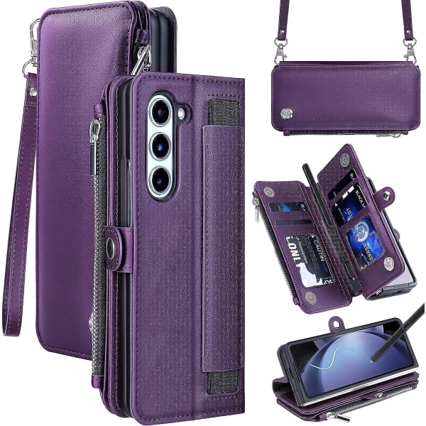 Dragkedja Case Kompatibel Samsung Galaxy Z Fold 5, Magnetic Flip Case med S Pen-hållare, rem & korthållare Purple For Galaxy Z Fold 5