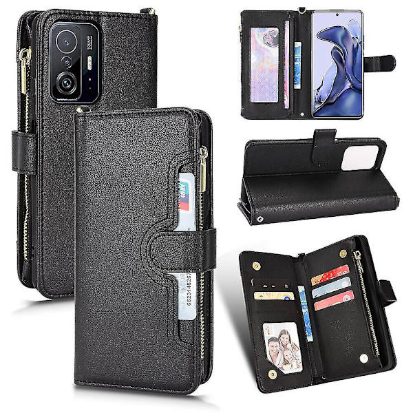 Kompatibel med Xiaomi Mi 11t/11t Pro Fodral Dragkedja Magnetisk Plånbok Korthållare PU Läder Flip Case Black A