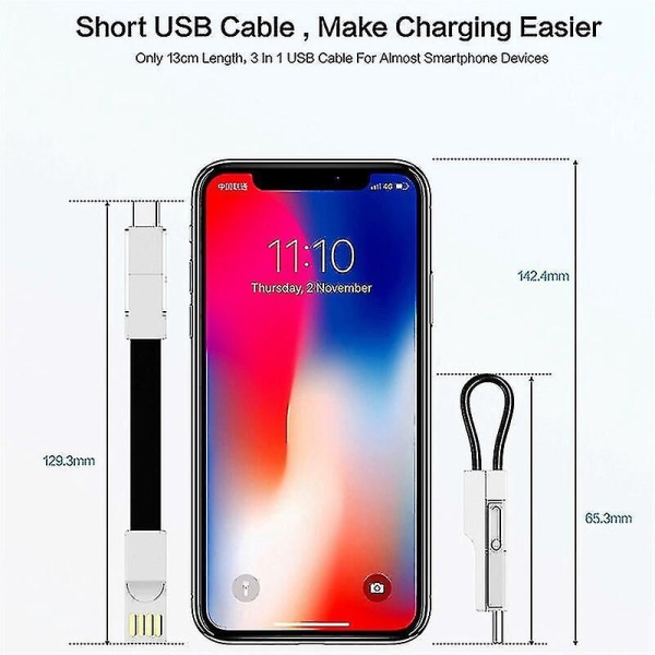 3 i 1 Mini Nøkkelring Lader Usb Kabel Micro Usb Type C Lyn Kabel