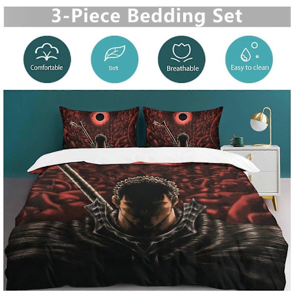 x123 Anime Berserk 3-delt sengesett Varmt og komfortabelt mykt dynetrekk sengesett med 1 dynetrekk og 2 putetrekk for soverom b123 135x200cm 53x78in