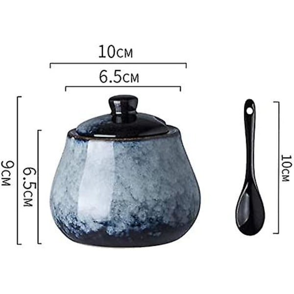 Antik keramisk sockerskål saltskål med lock och sked 8 oz kryddning (gråblå) kryddburk