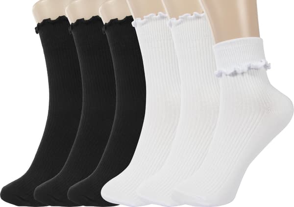 6 par damestrømper med flæser, lette ankelstrømper i bomuldsblanding med flæser, bløde elastiske åndbare hverdagsstrømper, flere stilarter Black、white