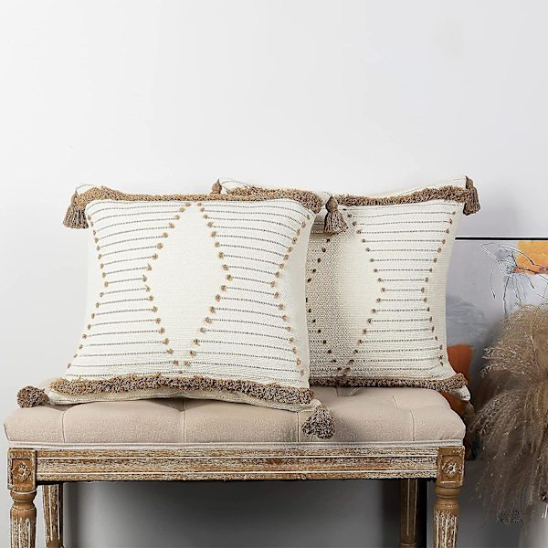 Pudebetræk til sofa og sofa - Sæt med 2 dekorative boheme firkantede pudebetræk i bomuld vævet tufted pudebetræk 18x18 tommer brown