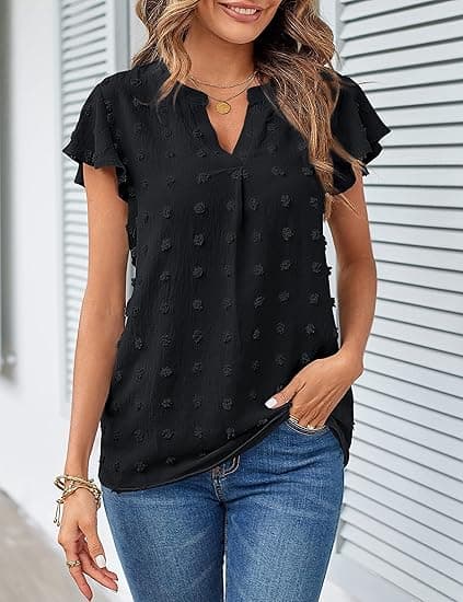 Halsruffle Kortermet Bluse Swiss Dot Flowy Skjorte