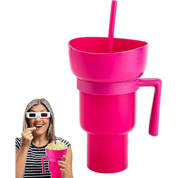 Snack og drikkekop 2 i 1, stadionkrus, snackkopskål med sugerør, genanvendelig snack og drikkekop, stænksikker lækagesikker bærbar snackkop, 2-lags Pink