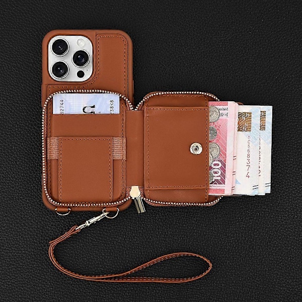 Etui til iPhone 16 Pro med RFID-blokkering, glidelås-lommebok, lærdeksel og stropper - Multicolor Black