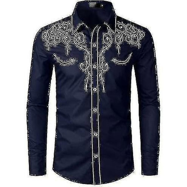 Herre Western Cowboy Skjorte Broderet Langærmet Casual Slim Fit Knap Skjorte navy blue S