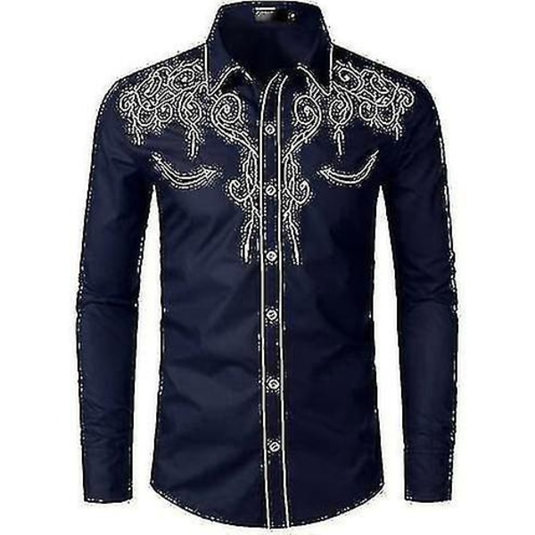 Herre Western Cowboy Skjorte Brodert Langærmet Casual Slim Fit Knappet Skjorte navy blue S