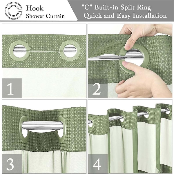 No Hook Waffle-Weave bruseforhæng med Snap-in stoffor-sæt til badeværelse, hotelstil med mesh top vindue,C Green