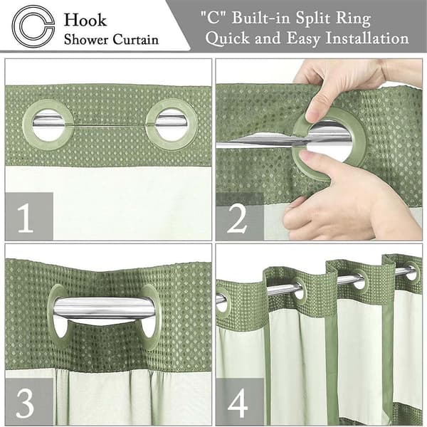 No Hook Waffle-Weave Duschdraperi med Snap-in Tygfoder Set för Badrum, Hotelstil med Mesh Toppfönster,C Green