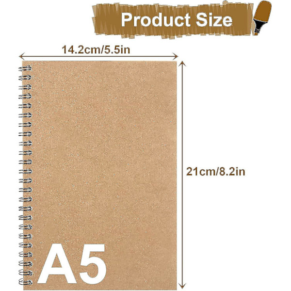 6 stk. A5 skitsebog, spiral notesbog kraft cover blank skitseblok, skitse tegne notesbog til kunst, 100 sider/ 50 ark hvidt patronpapir 80gsm papir F