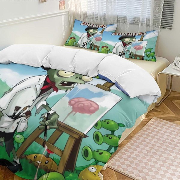 v1406 Plants Vs Zombies Täcke Set Tjockt Mjukt 3-delars Sängklädesset Året Runt Täcke med 2 Örngott för Vuxna Kvinnor Flickor Tonåringar Hemrum De 200x200cm 78x78in