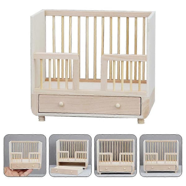Mini trædukke seng til børn, beige farve, holdbar og praktisk miniature seng 3,5x2 tommer