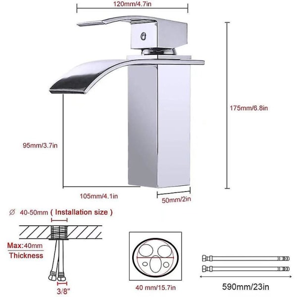 Baderomskran, moderne design av Cascade Faucet Lavabo, slitesterk ventilhus i kobber, forkrommet messing. Varmt og kaldt vann tilgjengelig