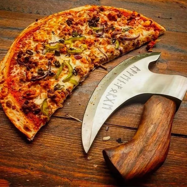 Økse pizzaskærer Viking håndlavet stål Custom Carbon håndskærende læderskede Sellwell 14cm