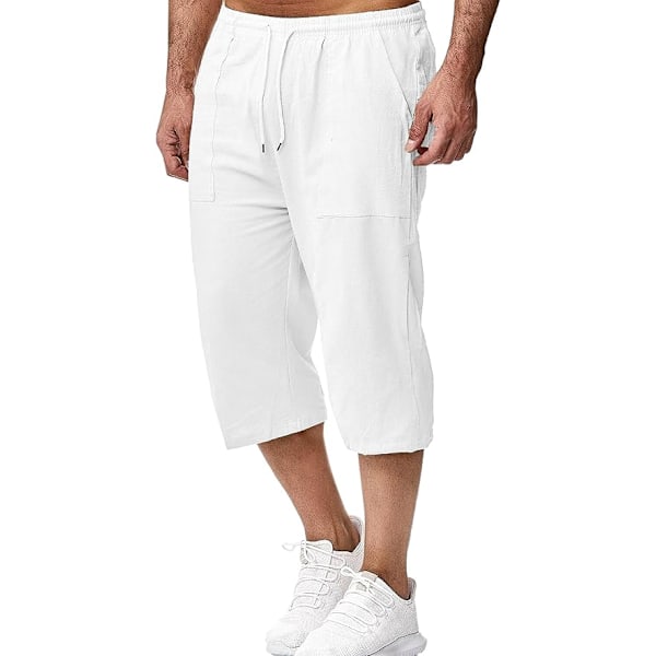 Herre sommer løse casual lin shorts med lommer elastisk midje casual bukser 3XL White