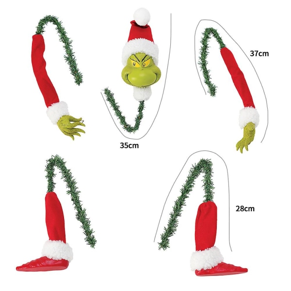 Grinch varasti joulukuusen latvan koristeen, vihreä hirviö, haltijan pää, jalat, käsivarret, joulukoriste, juhlatarvikkeet