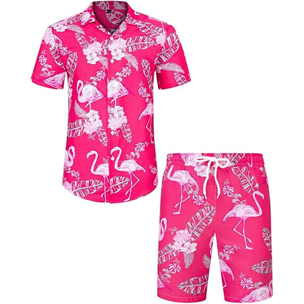 Mens Hawaiian Shirt and Shorts Set Regular Fit Short Sleeve Casual Funky Beach Flamingo Shirt Set 3XL Pink