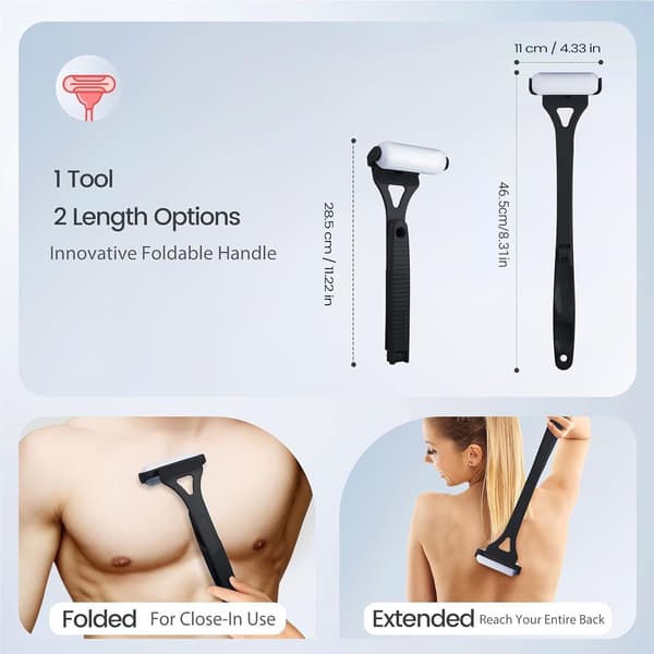 Back Lotion Applicator with Long Handle, 4 Reusable Foam Rollers & Foldable Design for Easy Self-Application, Black Black
