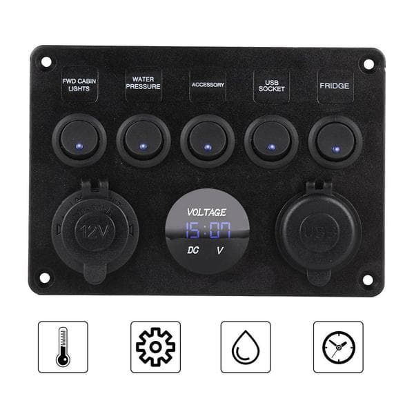 5-vägs 12V/24V Inline-säkringsbox LED-strömbrytarpanel Dubbla USB Bil Båt Lastbil