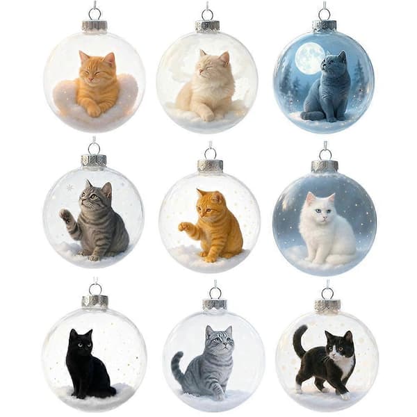 Søt katte-juleglasspyntsamling, håndlaget krystallkulekatt V9I0 E 1pcs
