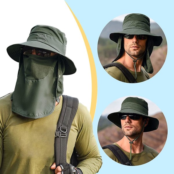 Fiskehat til mænd og kvinder, udendørs Uv-solbeskyttelse Bred skygget hat med ansigtsdæksel & nakkeklap Army Green