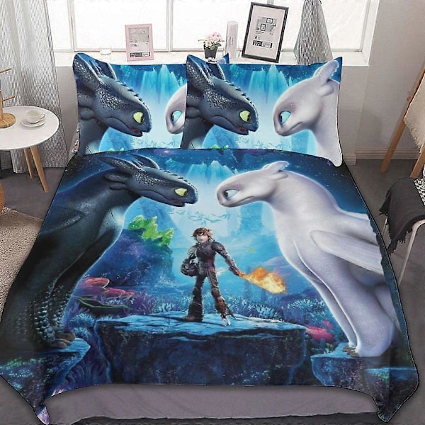 v19 How to Train Your Dragon 3-delt Sengetøysett Dynetrekksett Mykt Varmt og Komfortabelt Mykt Sengesett med 1 Dynetrekk og 2 Putetrekk for Soverom 200x200cm 78x78in