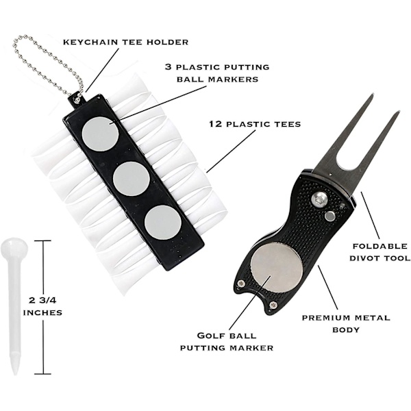 Presentset med golftillbehör - golfhandduk, golfklubbborste med spårrengörare, hopfällbart divotverktyg med bollmarkör, golfbollmarkör och golftee