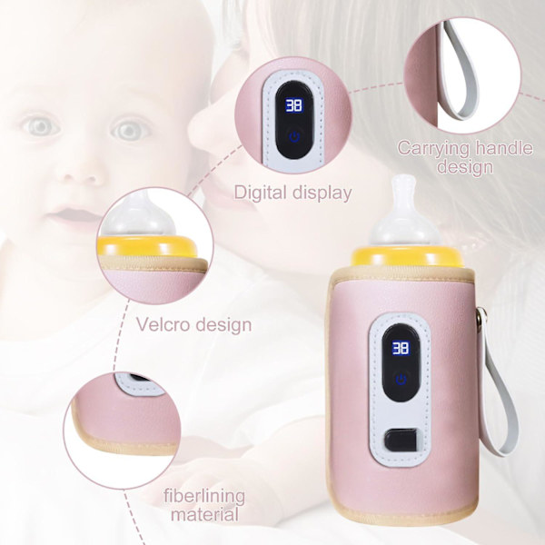 Bärbar Flaskvärmare, USB Bärbar Babyflaskvärmare Med Indikator, Termostatisk Flaskhölje 5 Hastigheter Justerbar För Bil, Resor, Hem Pink