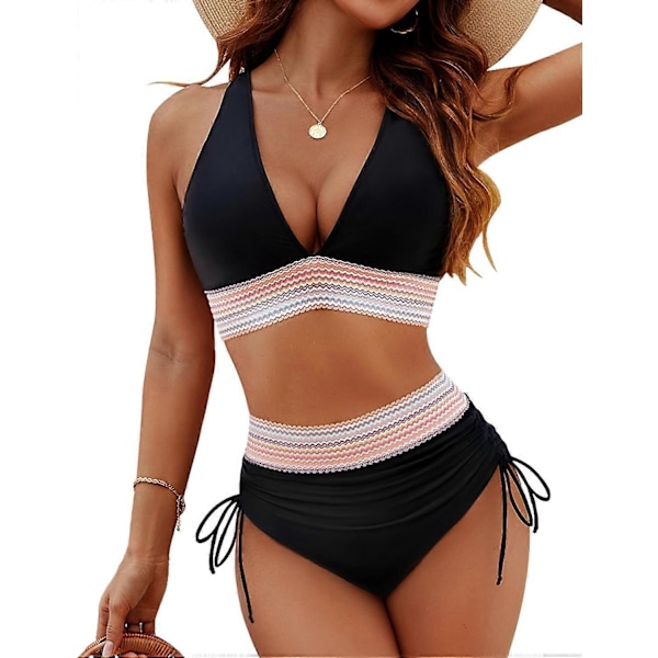 Högmidjade Bikinis för Kvinnor, Tummy Control, Färgblock, Tvådelad, Snörning Black M