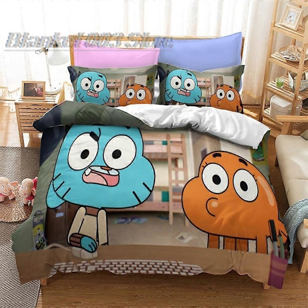 v1410 Påslakanset Fantastiska Världen Gumball Tryckt Sängkläder Darwin Anais Täcke King Queen Full Twin Storlek för Sovrumsinredning 3-Delars Sängkläder (1 135x200cm 53x78in