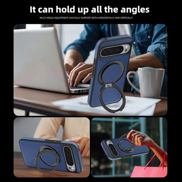 Compatible with Google Pixel 10 Pro XL Case with Ring Stand Compatible with MagSafe PU Leather Back Azure Azure Sapphire