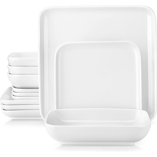 12-delt porcelæns middagssæt, firkantet middagsstel med 4 middagstallerkener/desserttallerkener/suppetallerkener, middagsservice til 4 White